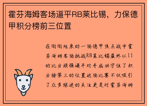 霍芬海姆客场逼平RB莱比锡，力保德甲积分榜前三位置